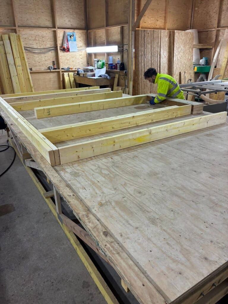 Timber frame panels being manufactured in our Norfolk factory
