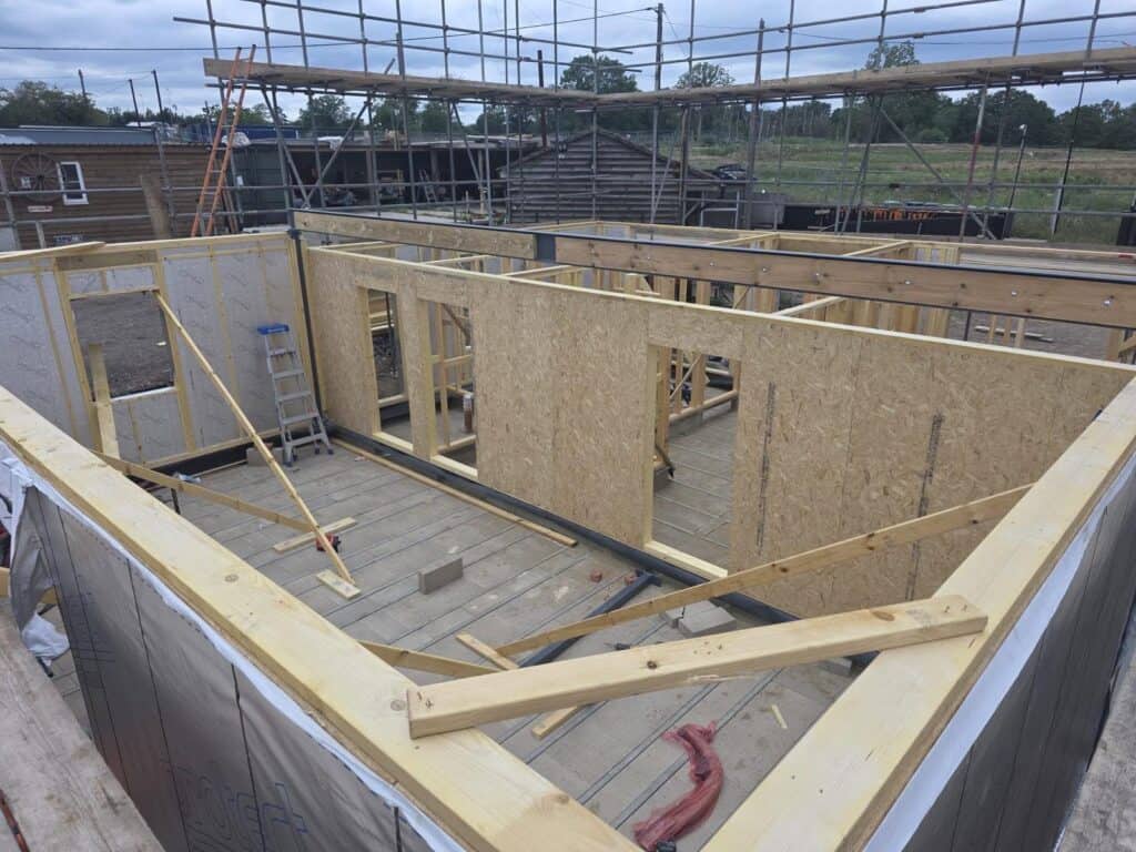 Inside a timber frame building